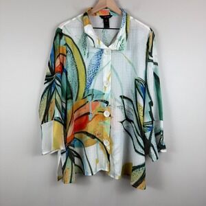Ali Miles Top Women's 1X White Multi Artsy Graphic Tropical Floral Button Front